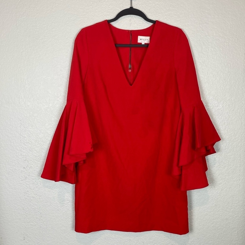 MILLY red v neck ruffle sleeve dress